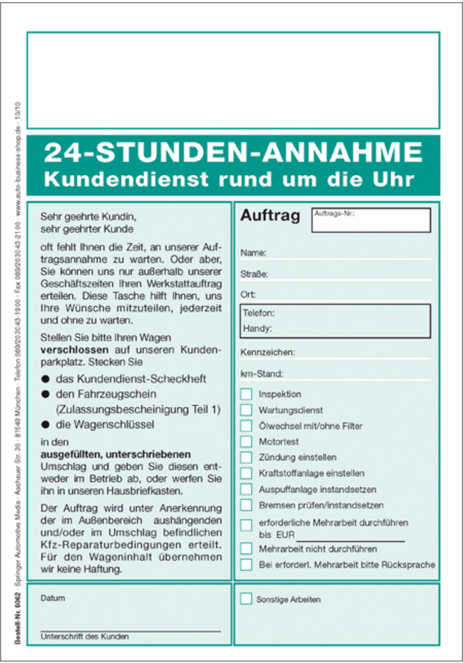 24-Stunden-Annahme Kundenauftragstasche