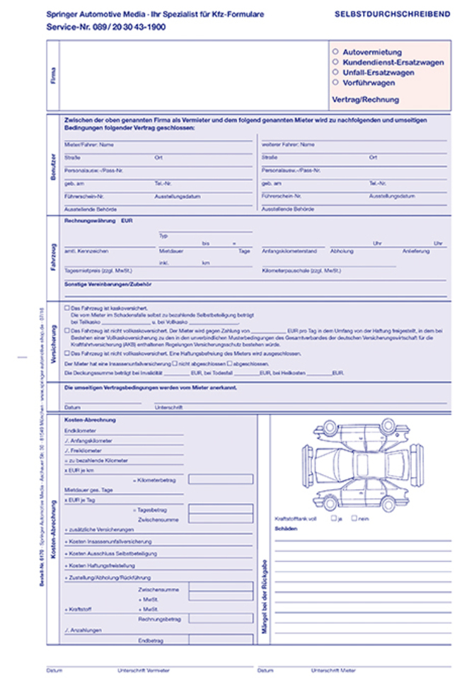 Autovermietung/ Ersatzwagen/ Vorführwagen - Mietvertrag und Rechnung