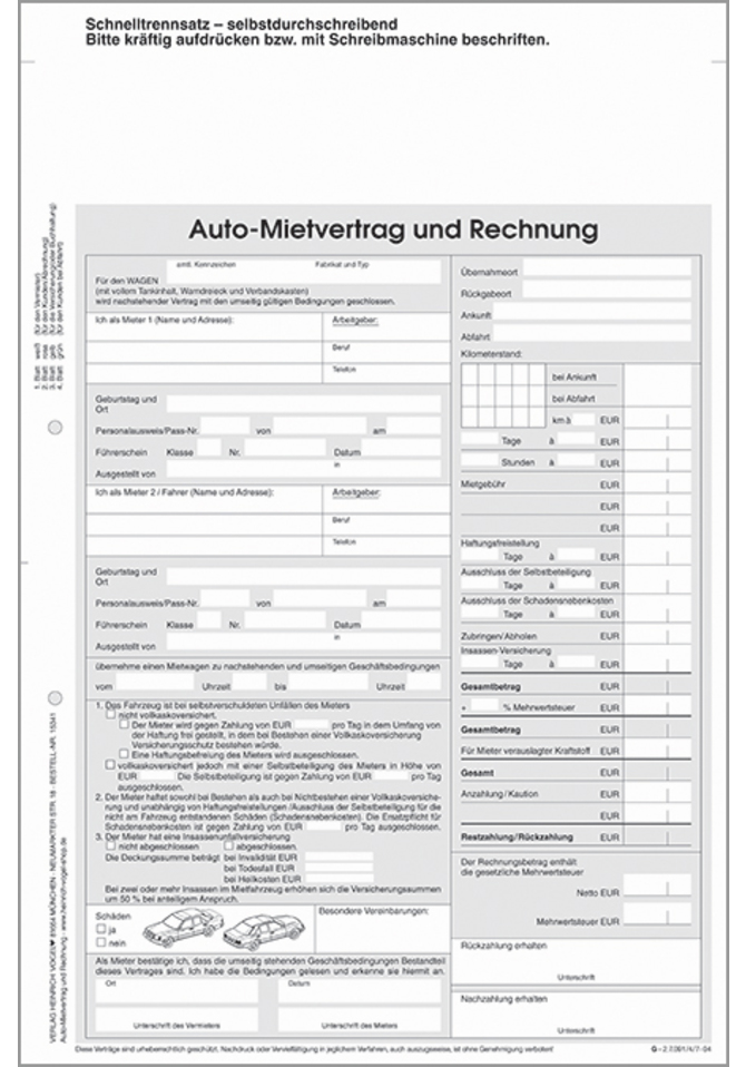 Auto-Mietvertrag und Rechnung