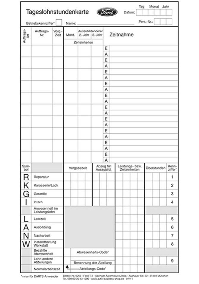Ford Tagesarbeitskarte T 2