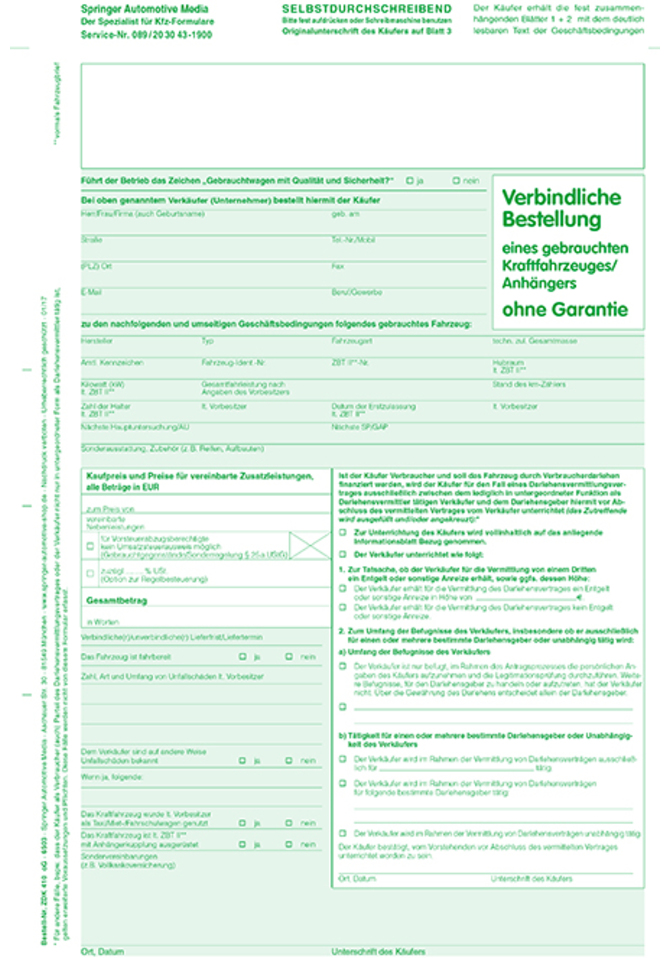 Gebrauchtwagen-Bestellung ohne Garantie